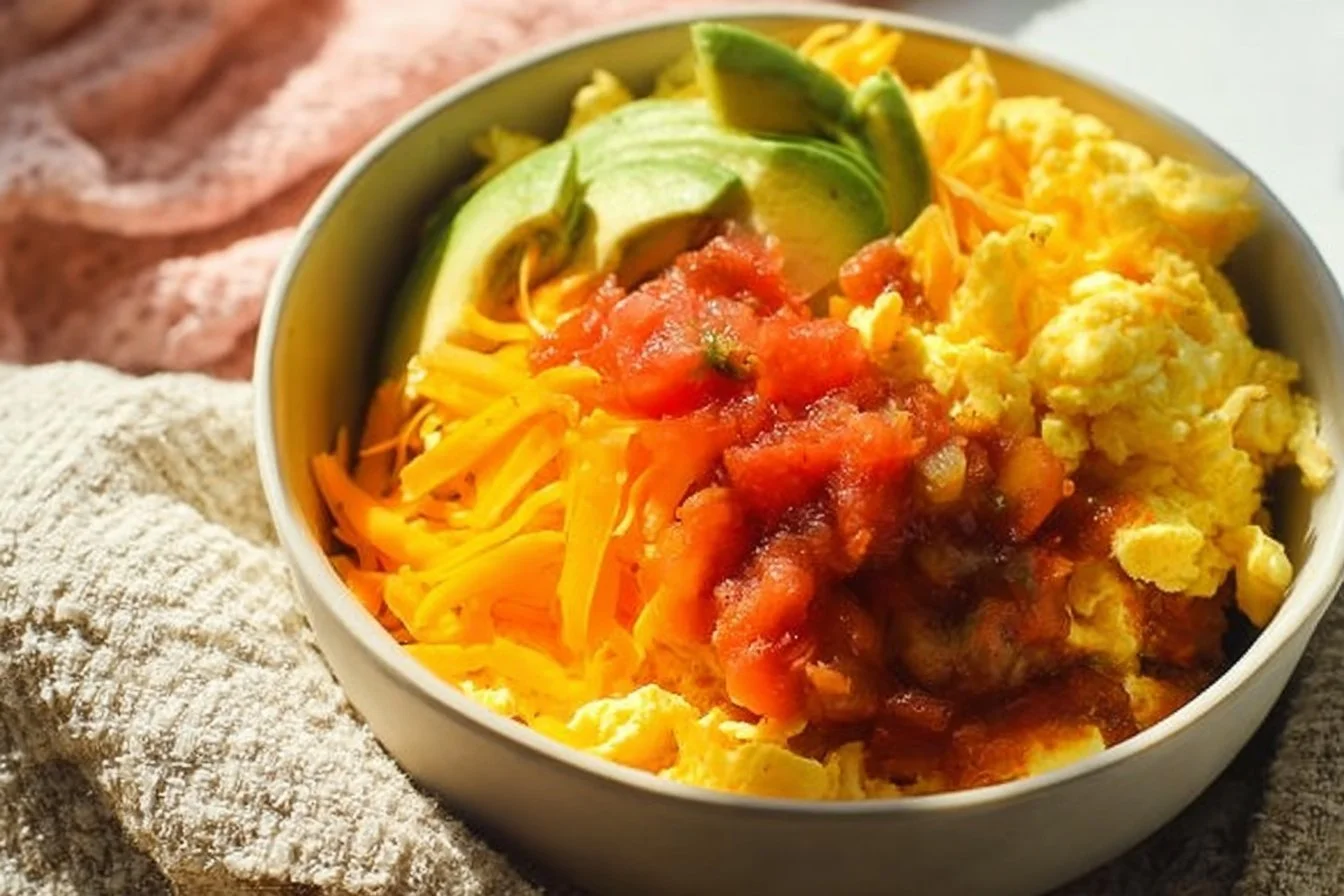 Healthy breakfast burrito bowl with eggs, vegetables, and spices.