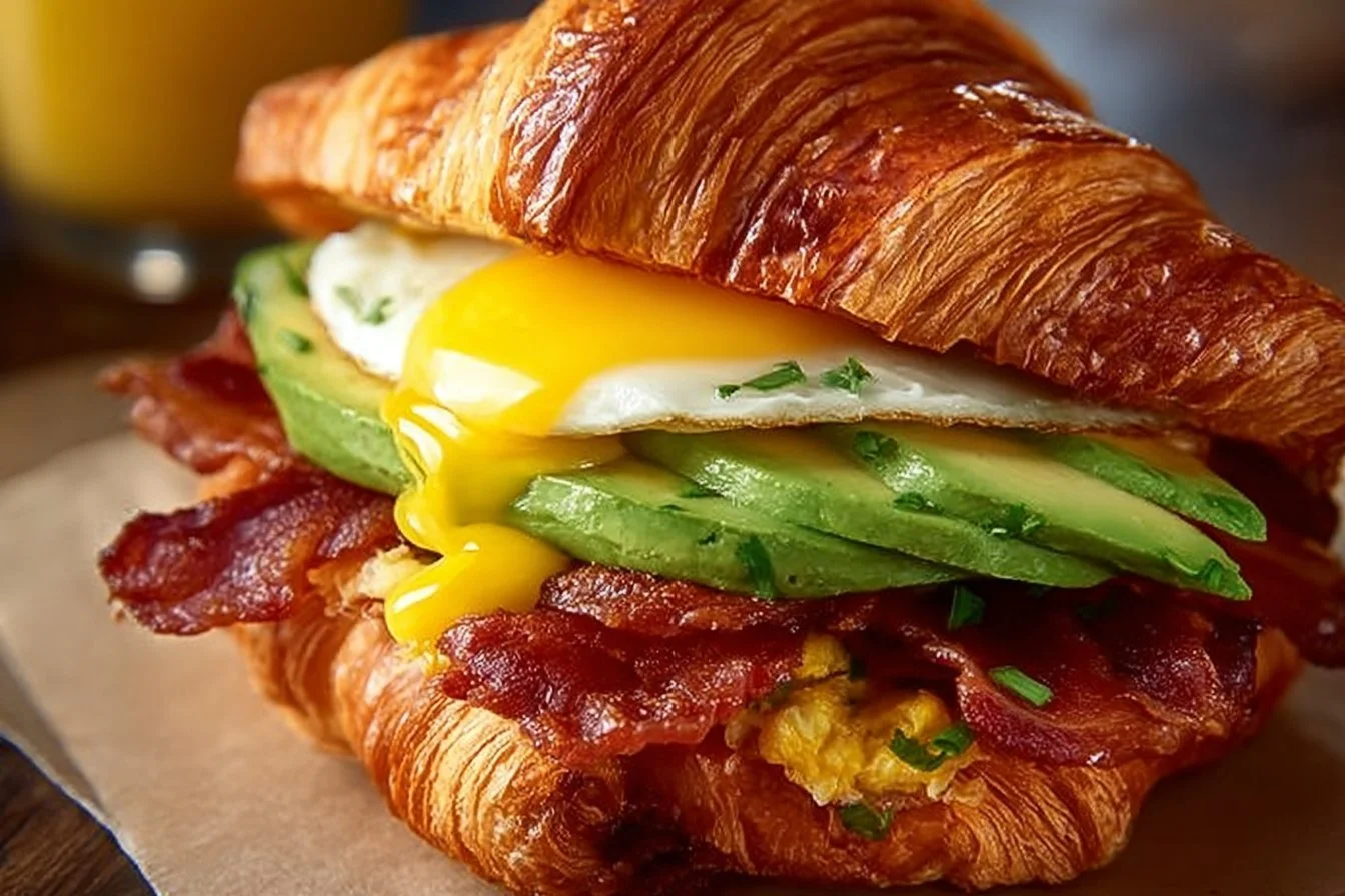 Delicious breakfast croissant sandwich filled with cheese and ham