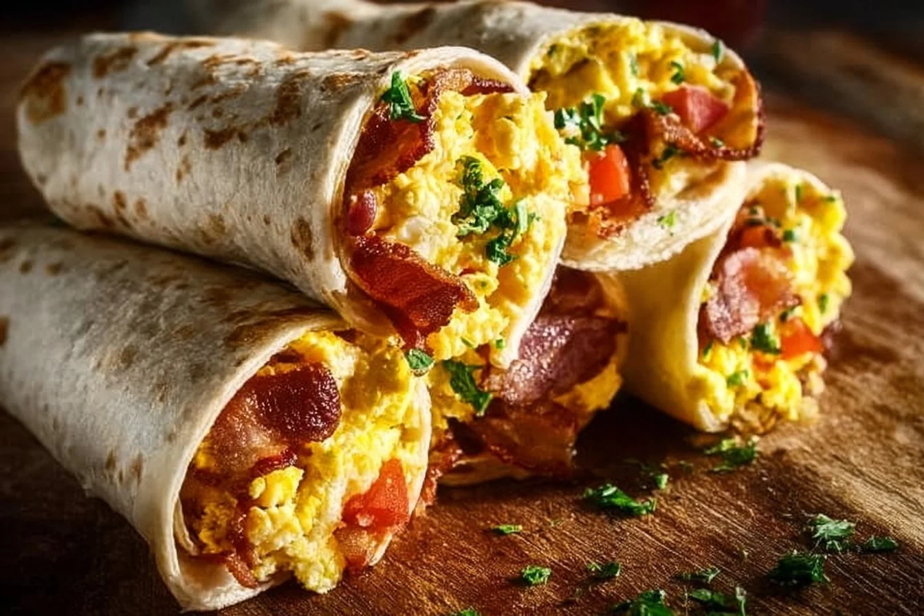 Delicious breakfast wraps filled with eggs, veggies, and cheese.