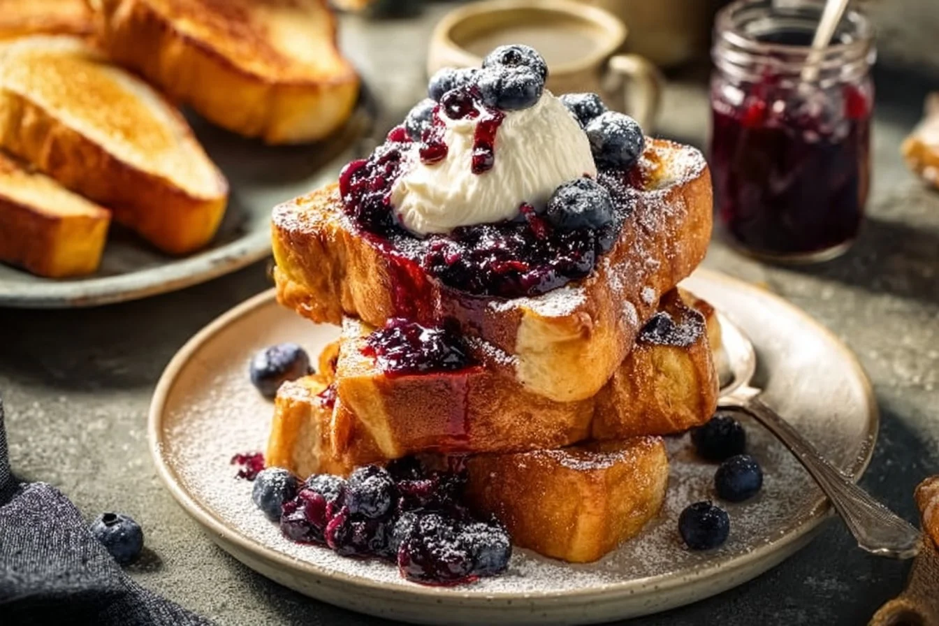 Brioche French Toast with Blueberry Compote 4 Delicious brioche French toast topped with homemade blueberry compote.