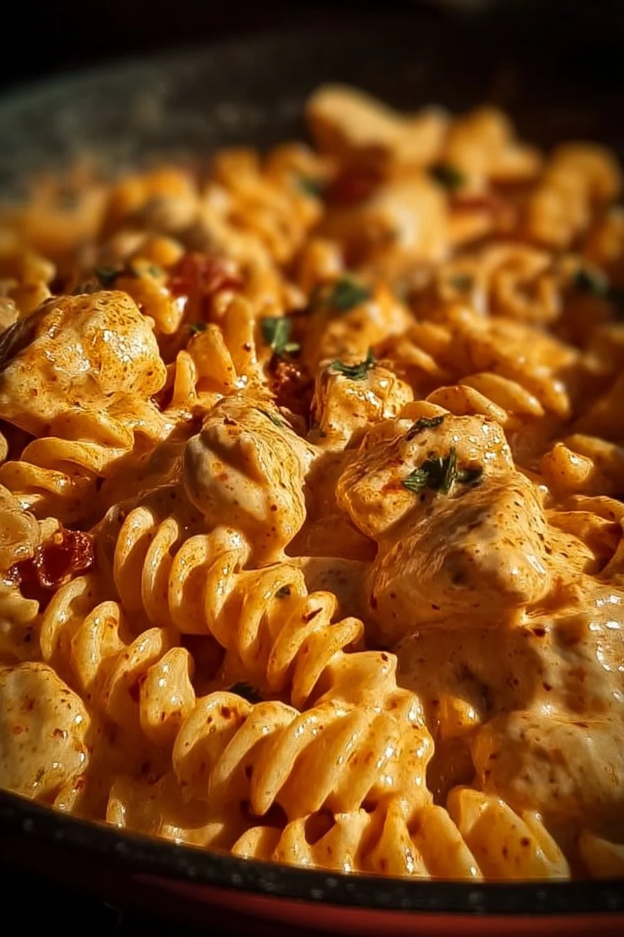 Cajun Cream Cheese Chicken Pasta Bake served in a dish, garnished with herbs.