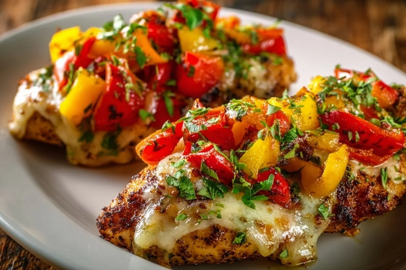 Cheesy Baked Chicken Breast and Peppers 4 Cheesy baked chicken breast with colorful peppers on a plate