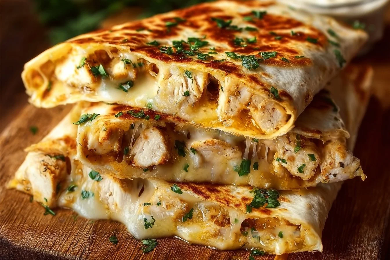 Cheesy garlic chicken wraps served with fresh vegetables and herbs