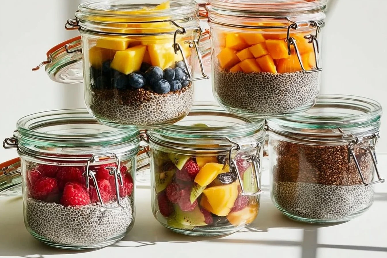 Chia Pudding 5 Delicious chia pudding topped with fruits, healthy and nutritious dessert option.