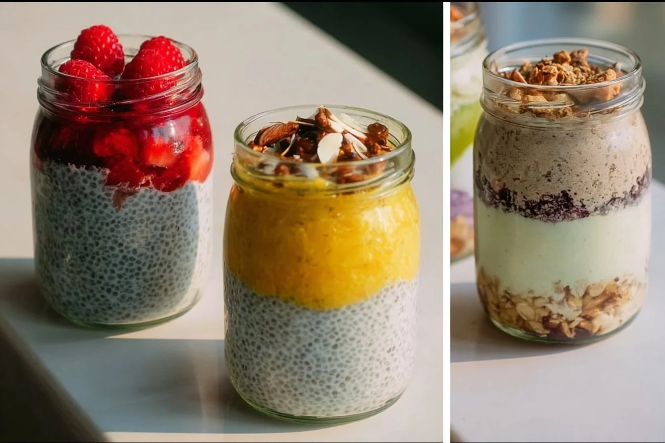 Delicious chia pudding topped with fresh fruits and nuts