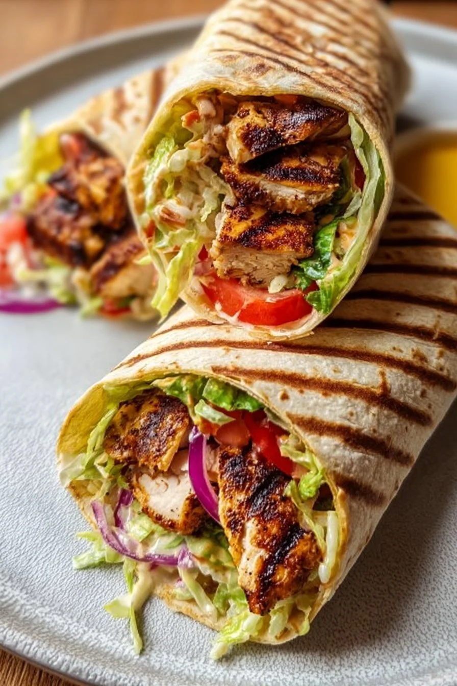 Plate of Chicken Shawarma drizzled with creamy garlic sauce
