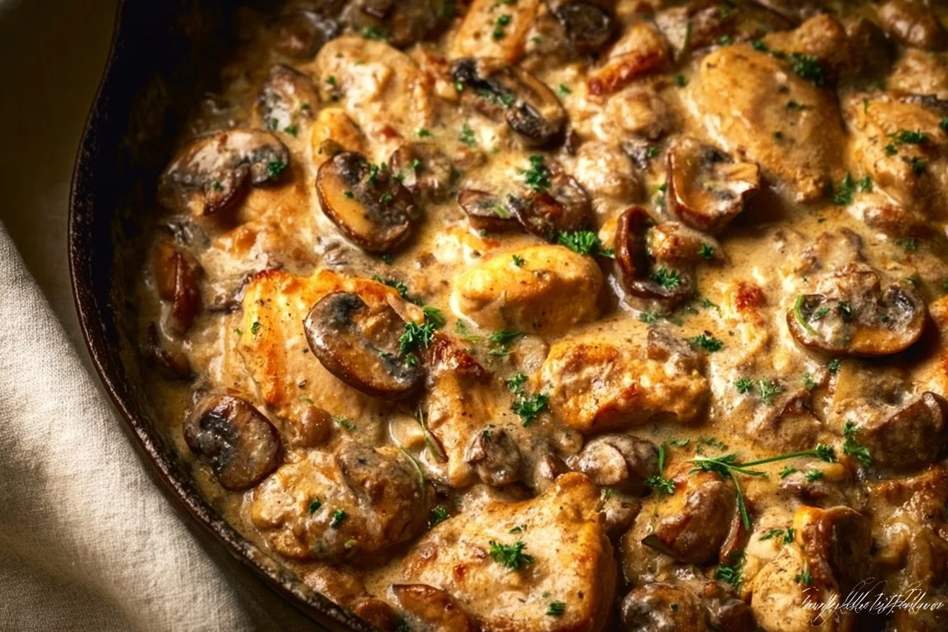 Creamy Chicken Stroganoff served with noodles and garnished with parsley