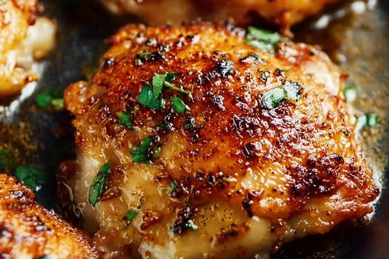 Deliciously cooked chicken thigh dinner served with vegetables and herbs