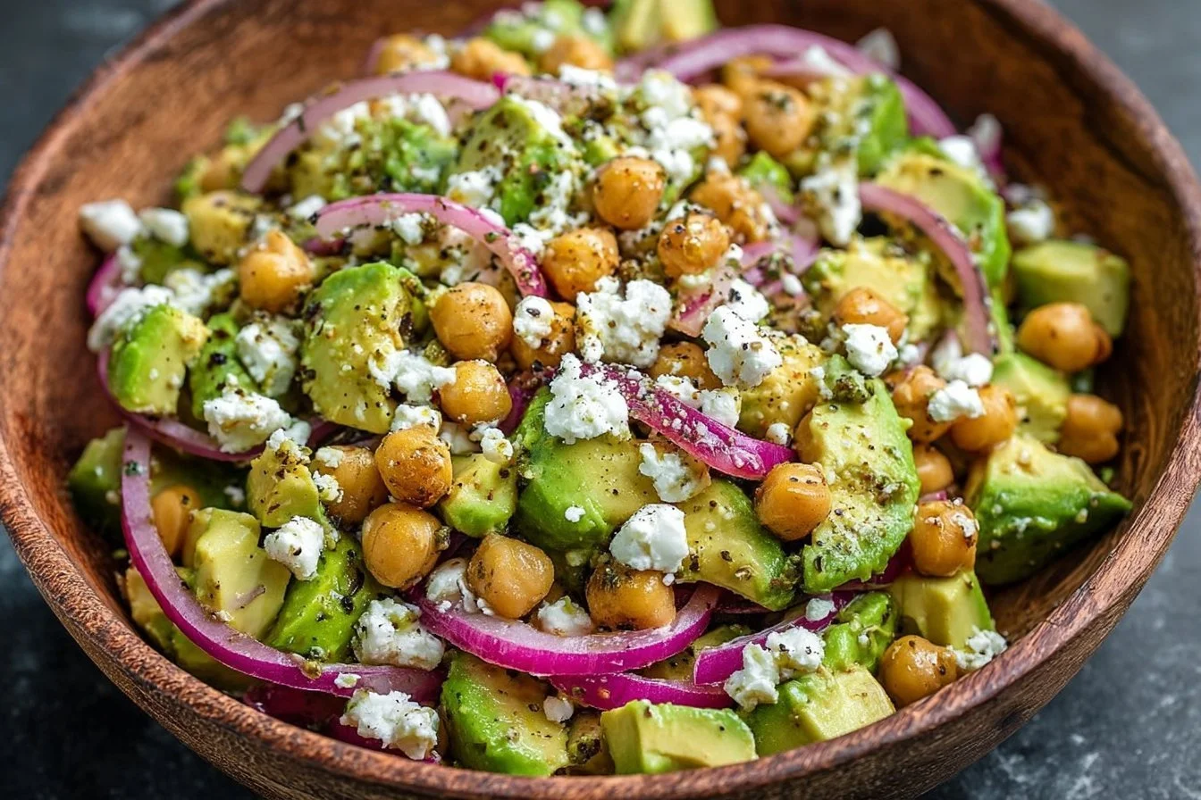 Colorful Chickpea Feta Avocado Salad with fresh veggies and herbs