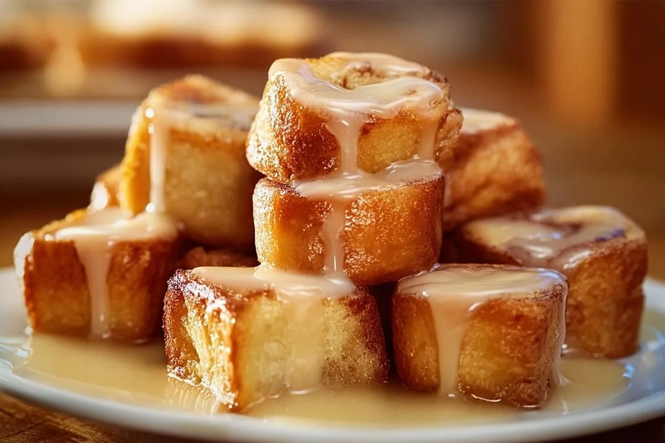 Delicious Cinnamon Roll French Toast Bites served on a plate.