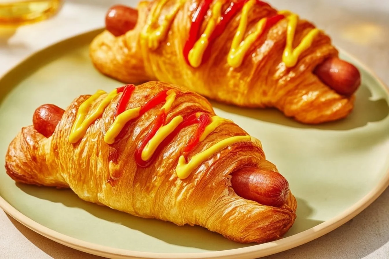 Delicious classic croissant hot dogs served on a wooden board
