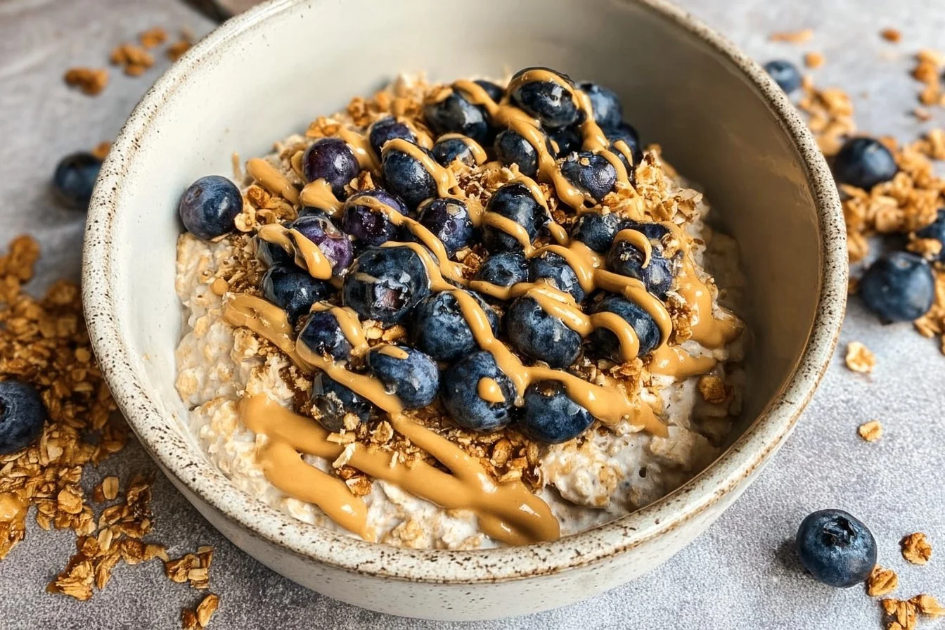 Classic Overnight Oats 4 A bowl of classic overnight oats topped with fruits and nuts for a healthy breakfast.