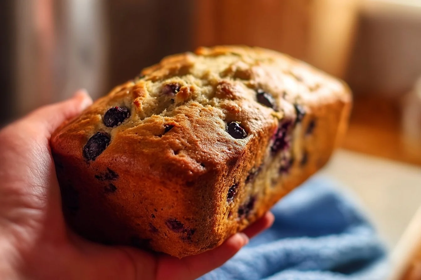 Slice of classic sourdough banana bread with blueberries on a wooden board.