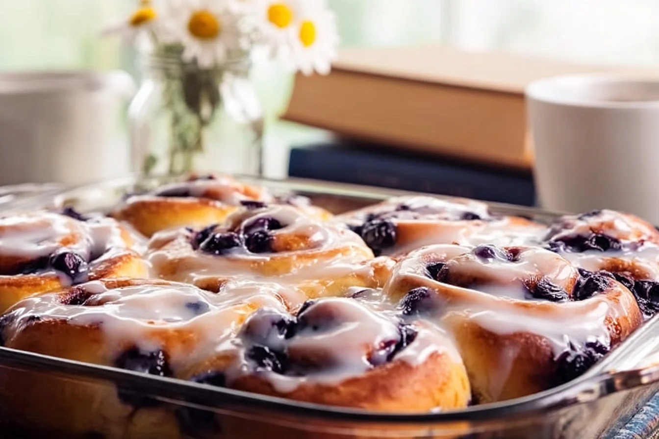 Classic Sourdough Blueberry Cinnamon Rolls 4 Freshly baked classic sourdough blueberry cinnamon rolls with icing