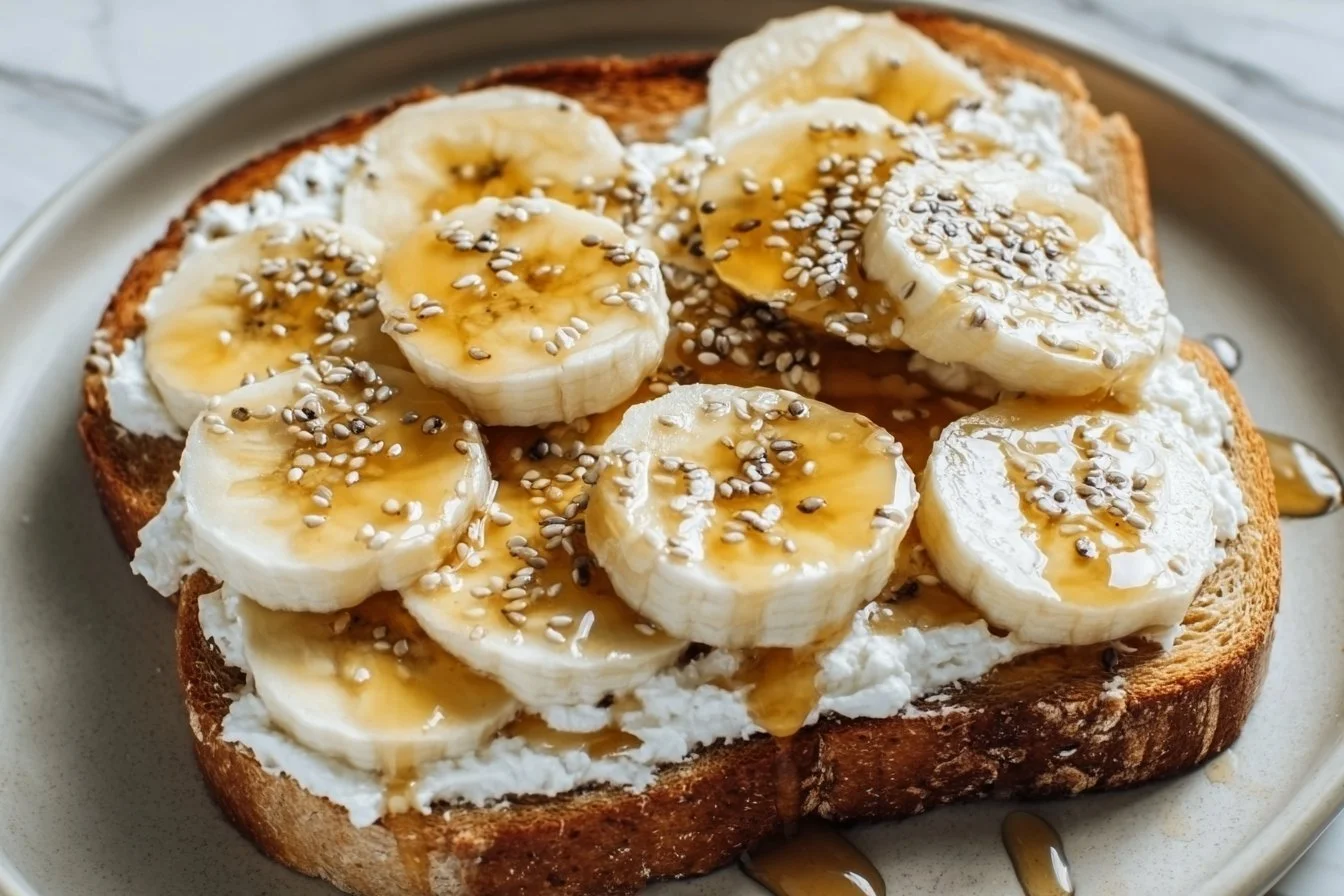 Cottage Cheese and Banana Toast 4 Cottage Cheese and Banana Toast on a wooden plate with fresh banana slices