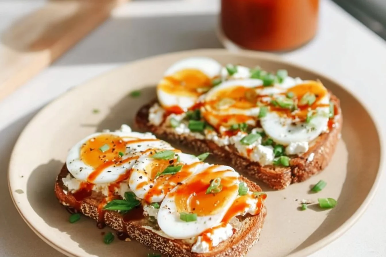 Cottage Cheese Toast with eggs and Sriracha topping