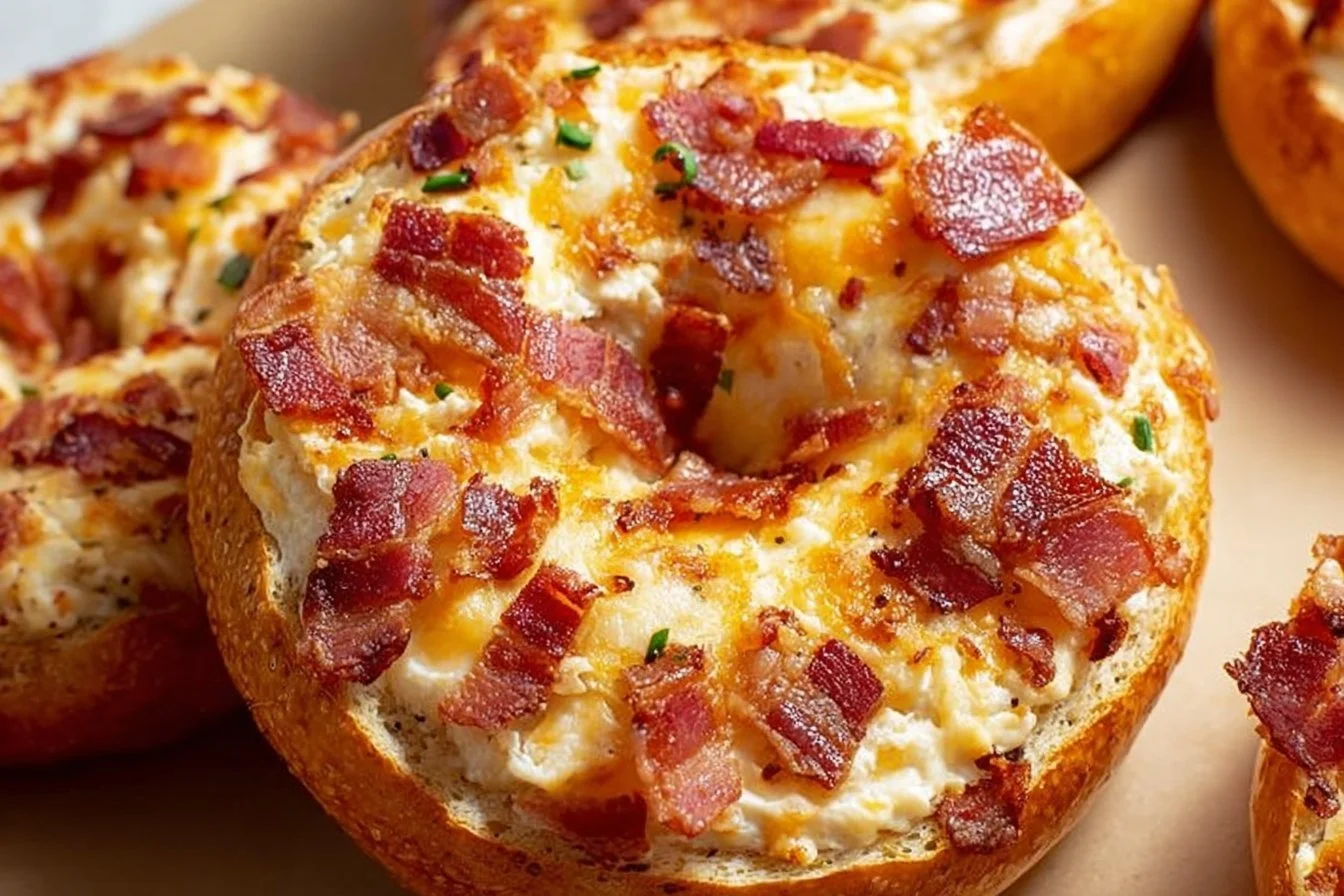 Creamy bacon cheddar bagels topped with melted cheese and crispy bacon