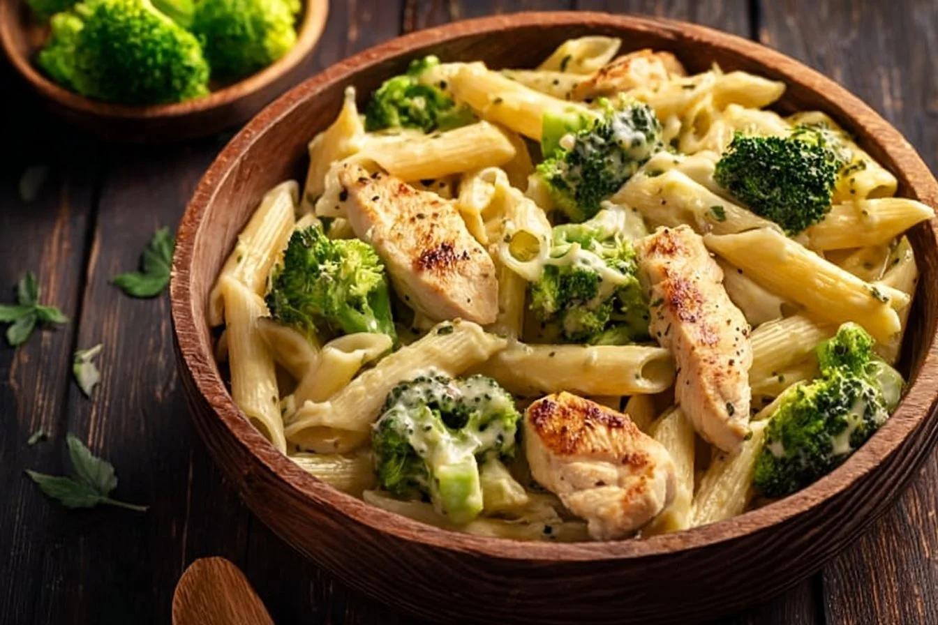 Creamy broccoli chicken penne with fresh broccoli and tender chicken pieces