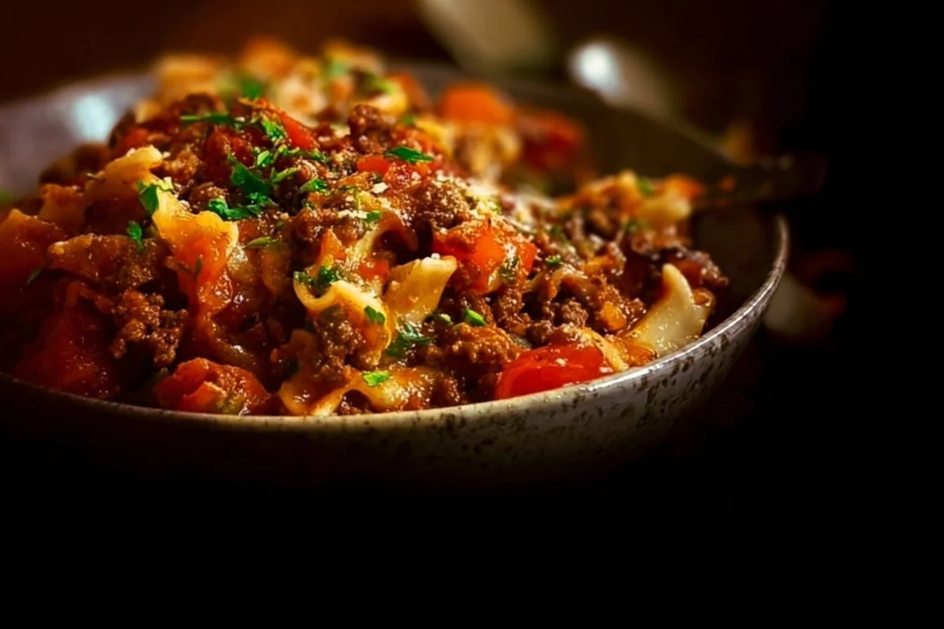 Creamy Cheesy Ground Beef Casserole 4 Creamy cheesy ground beef casserole garnished with fresh herbs in a baking dish