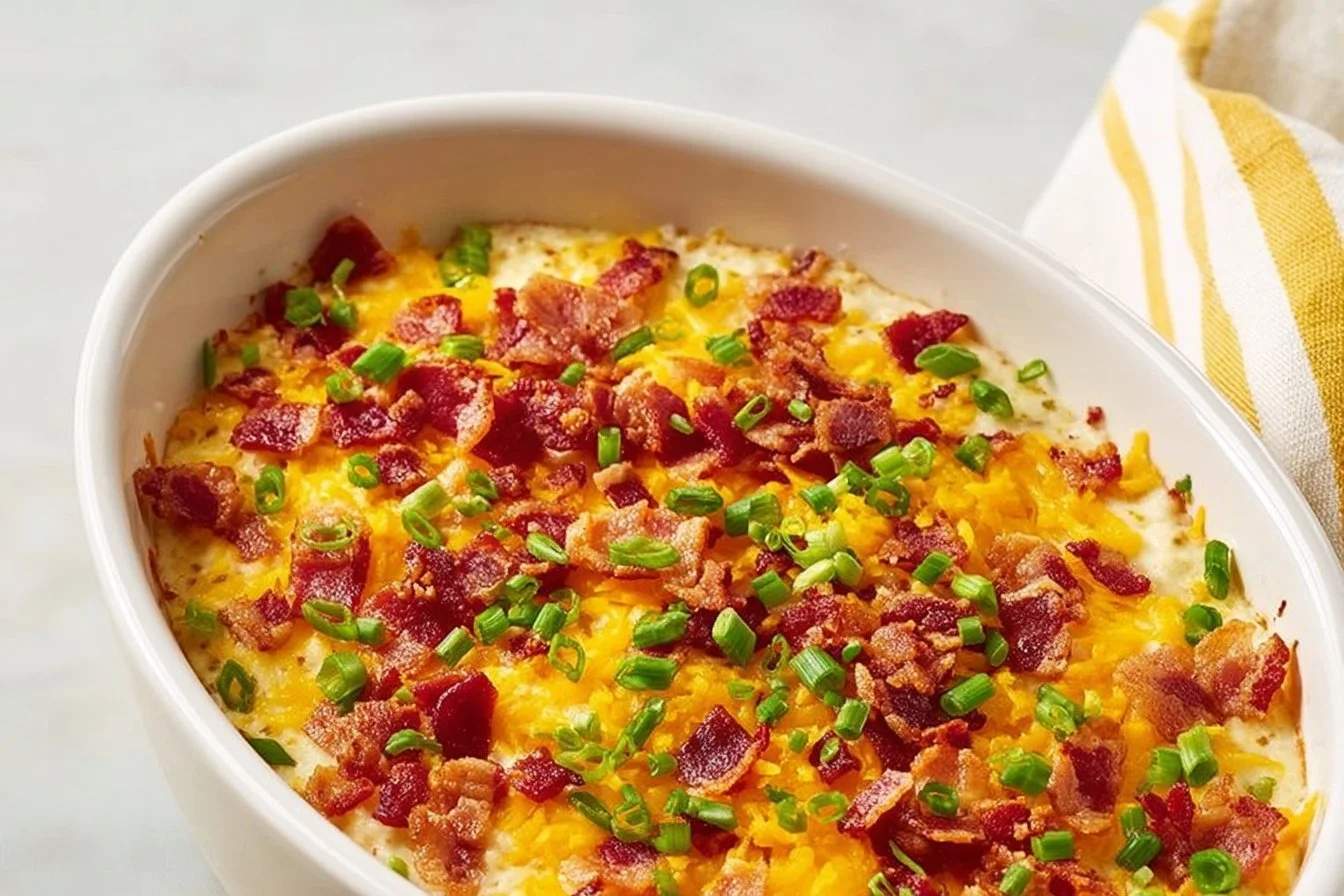 Creamy crock pot loaded baked potato soup garnished with cheese and chives