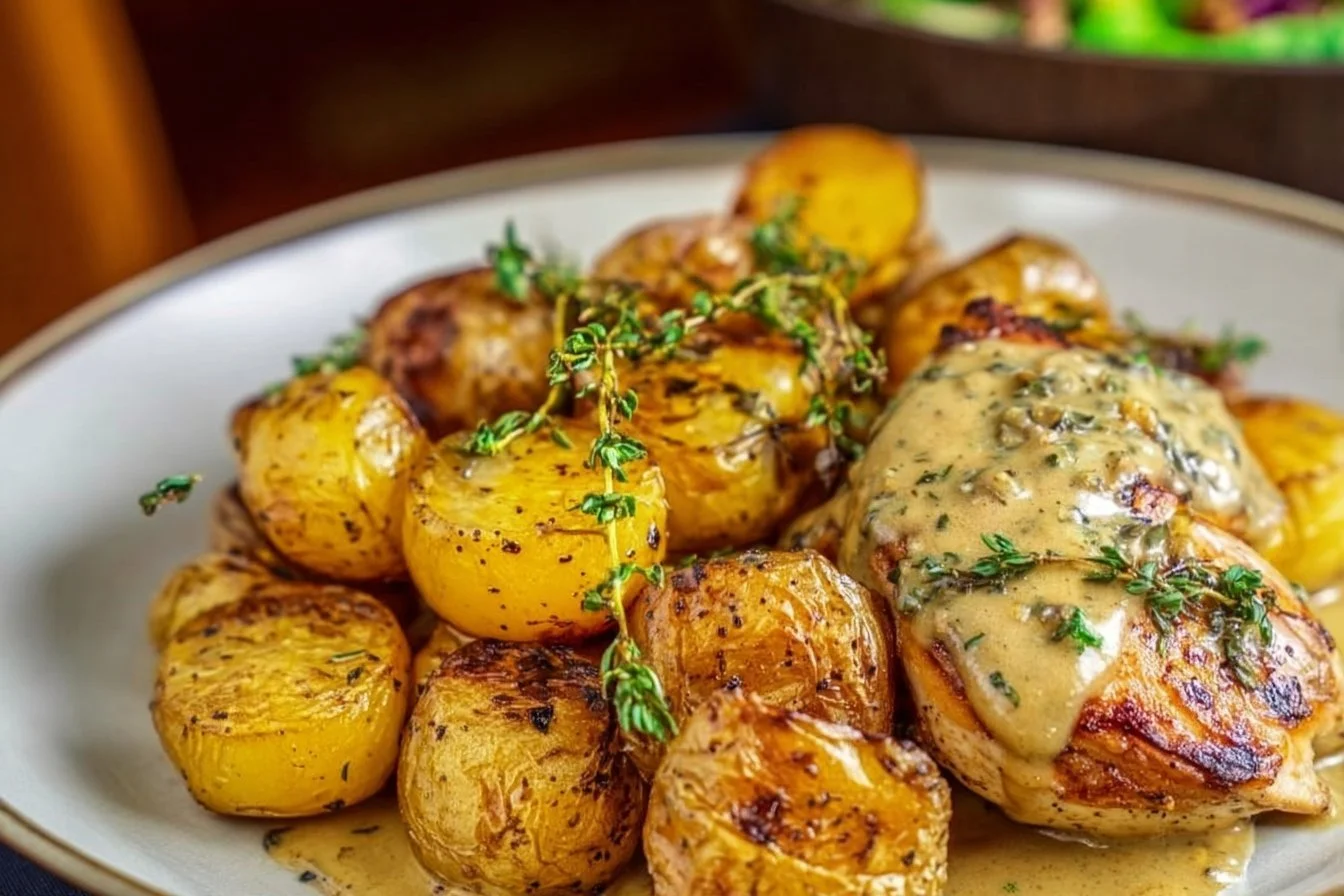 Creamy garlic chicken served with delicious potatoes