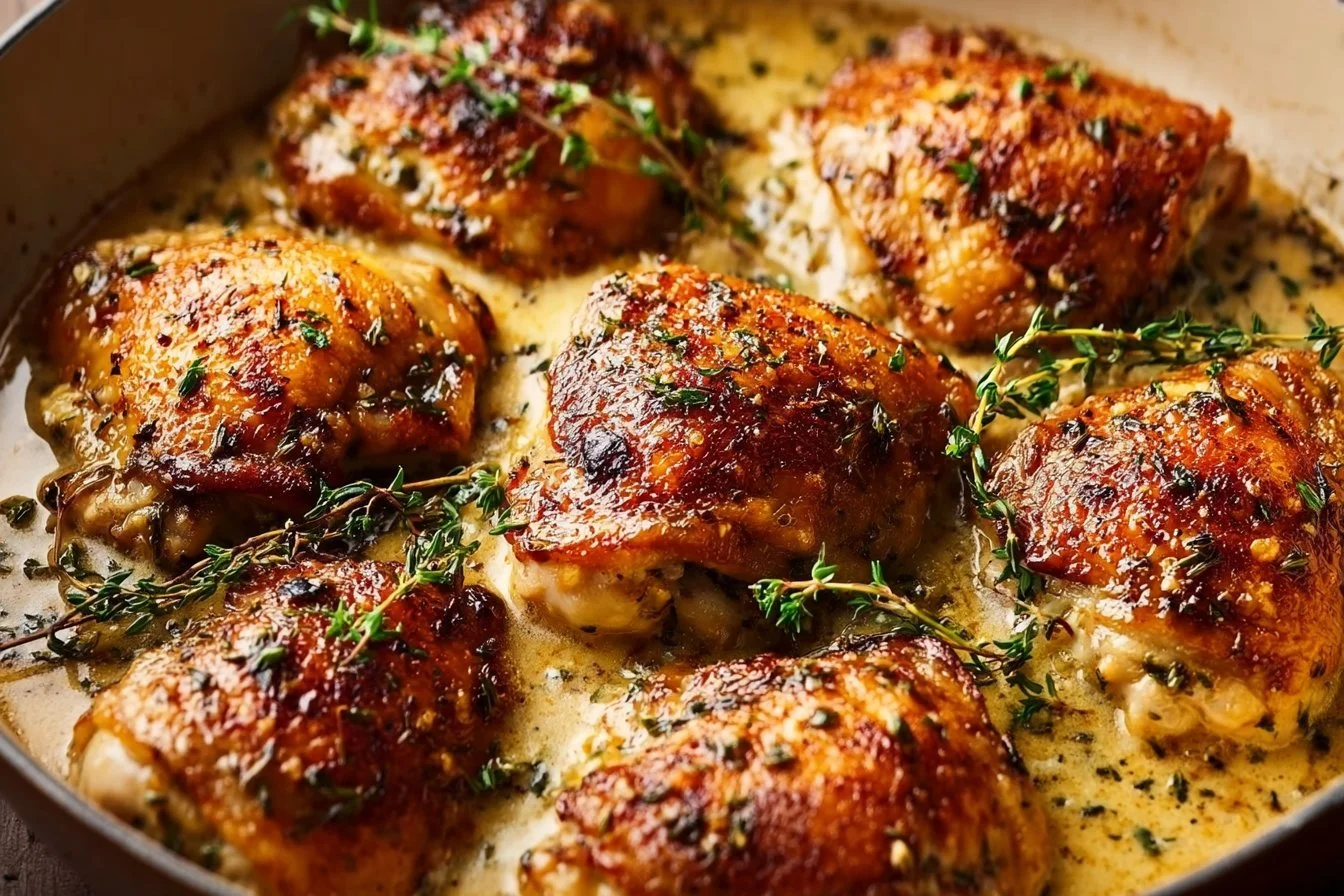 Creamy garlic chicken thighs dish served on a plate with herbs.
