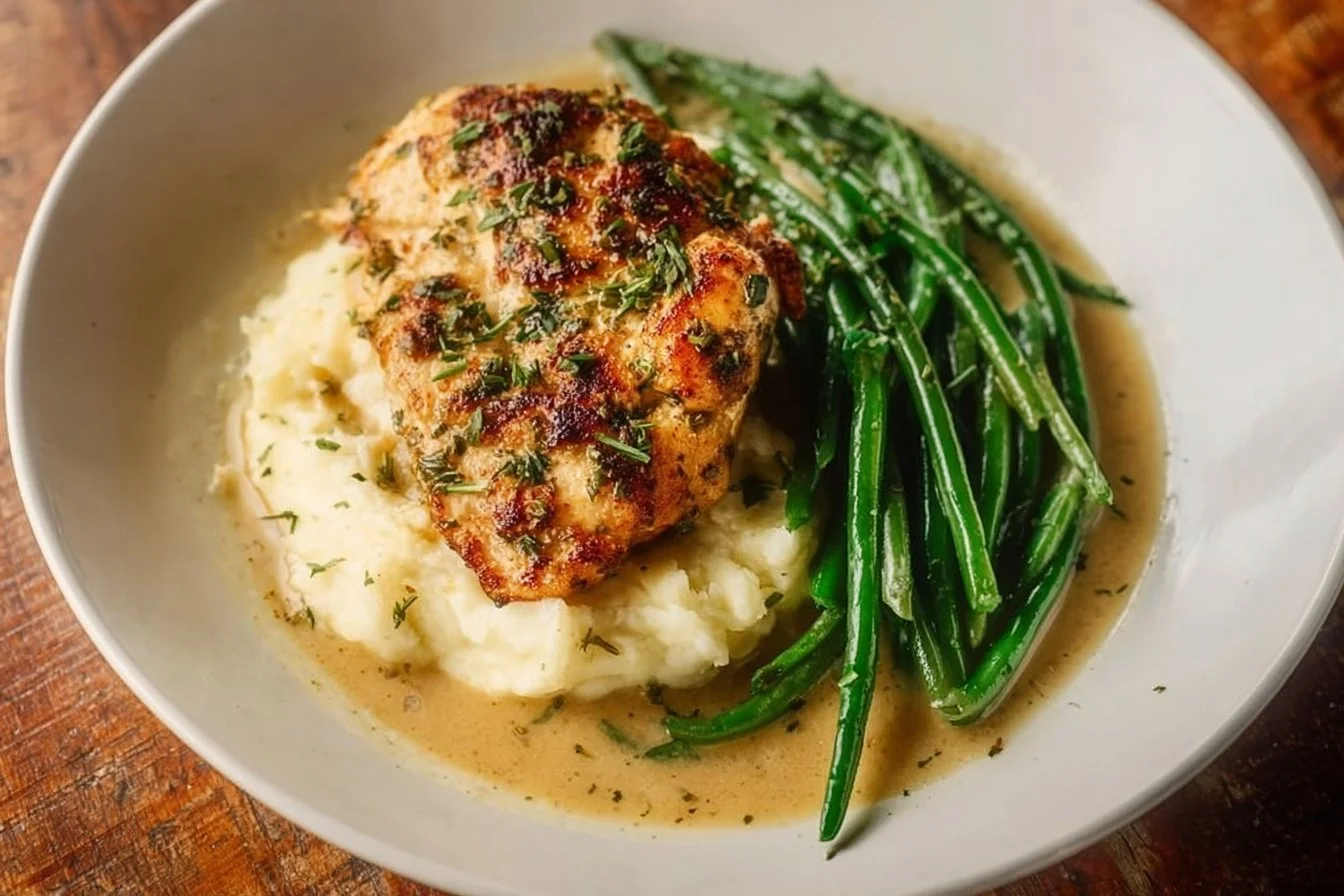 Creamy garlic parmesan chicken breast served on a plate with herbs.