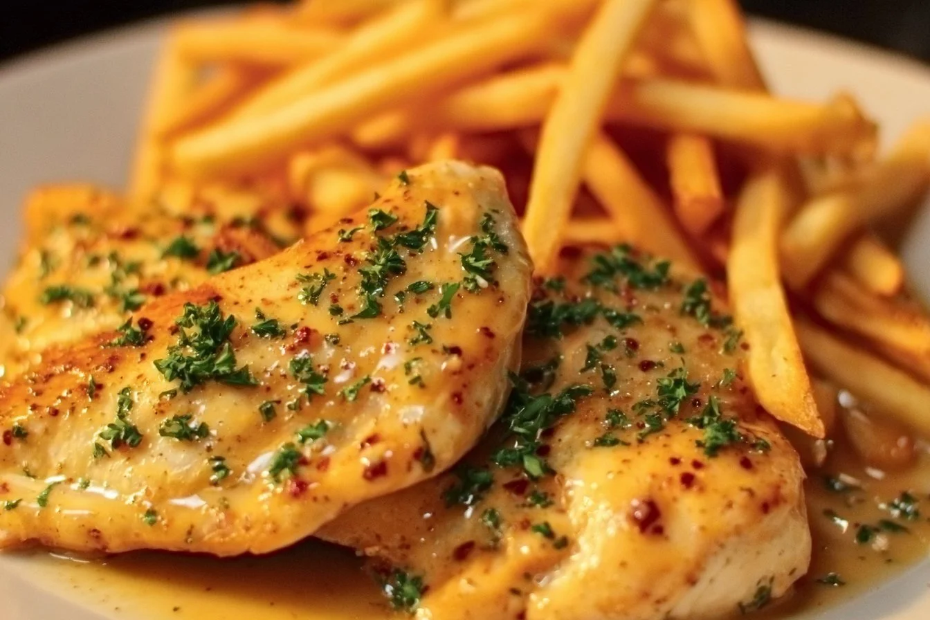 Creamy Garlic-Parmesan Chicken with Fries 4 Creamy Garlic-Parmesan Chicken served with crispy fries