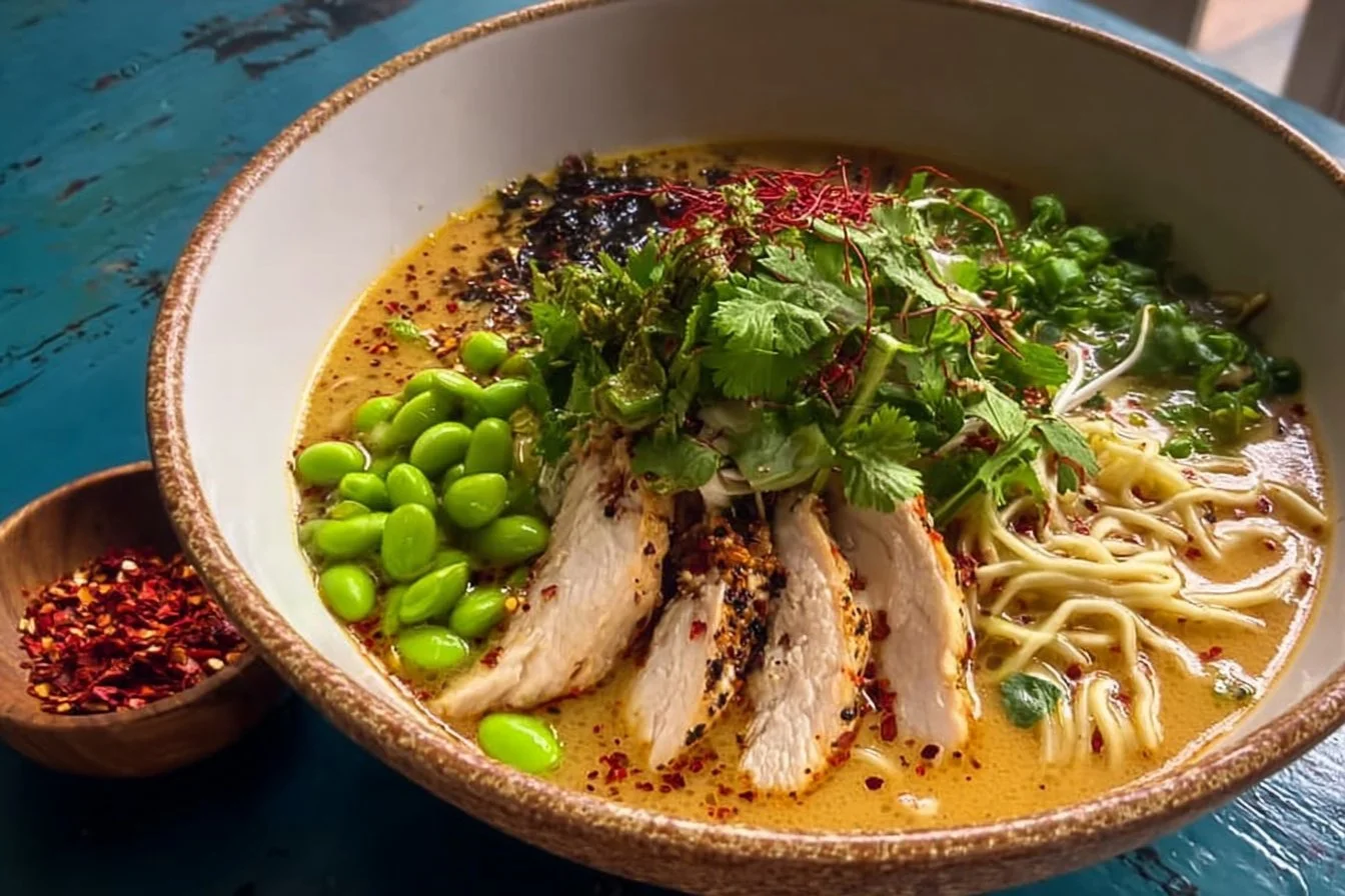 Bowl of creamy Marry Me Chicken Ramen topped with herbs and spices.