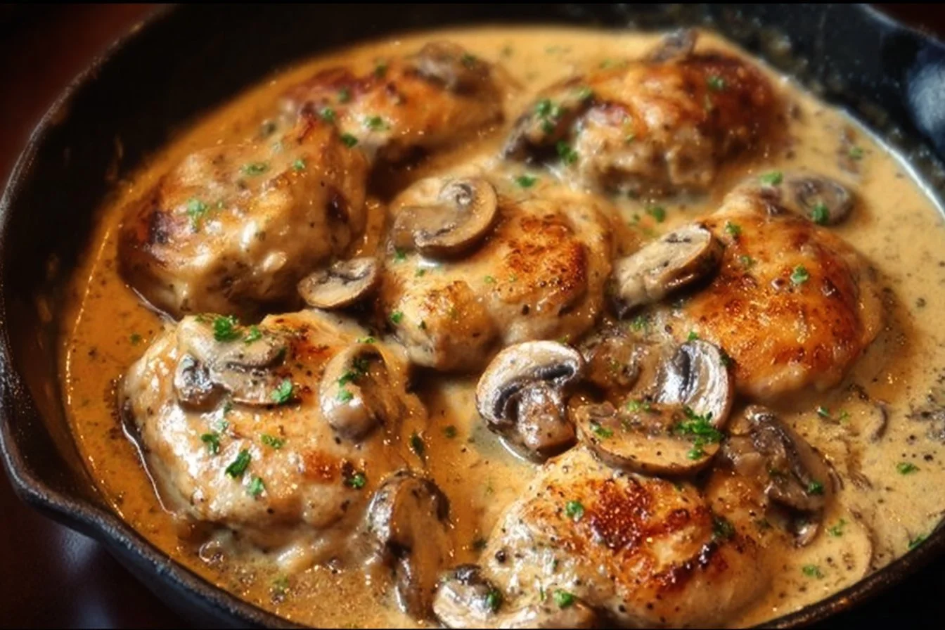 Creamy Mushroom Chicken Delight 4 Creamy mushroom chicken dish garnished with herbs in a skillet
