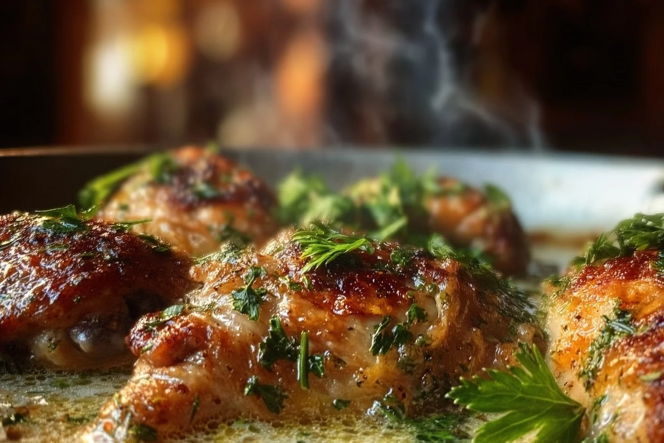 Creamy Oven Baked Chicken Thighs 5 Creamy oven baked chicken thighs garnished with herbs on a plate
