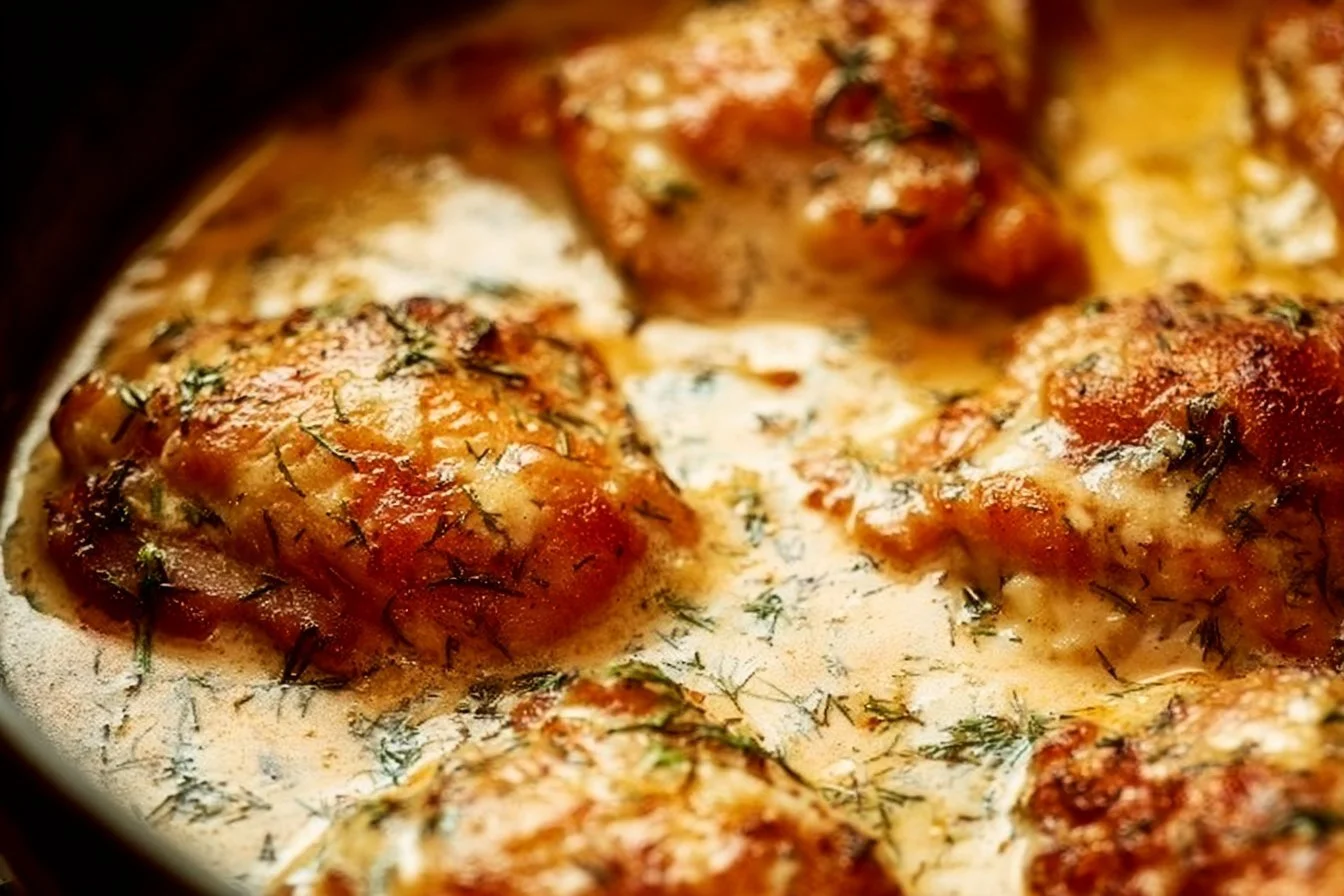 Creamy oven baked chicken thighs served with herbs and spices
