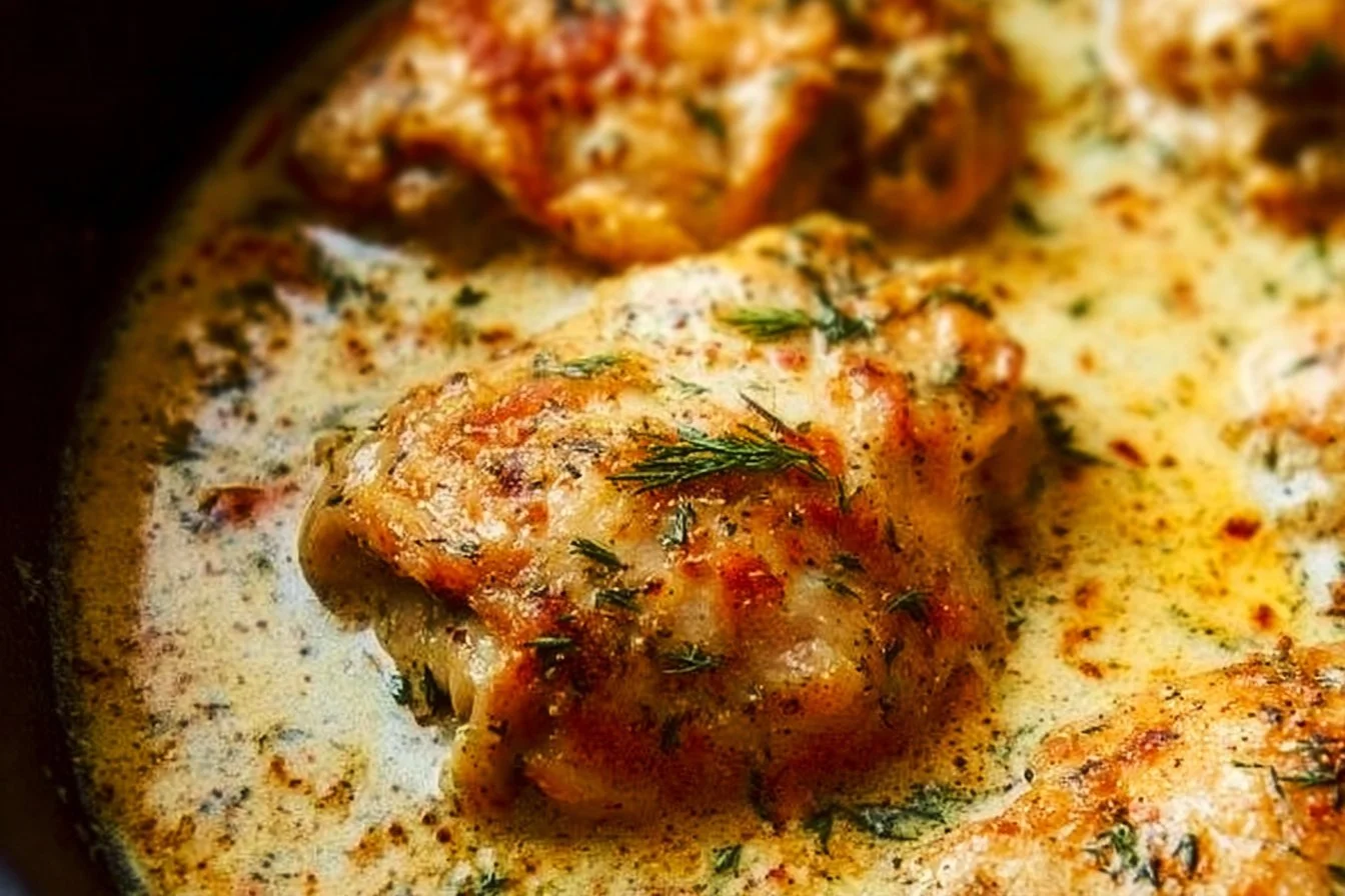 Creamy oven baked chicken thighs served on a plate with herbs and spices