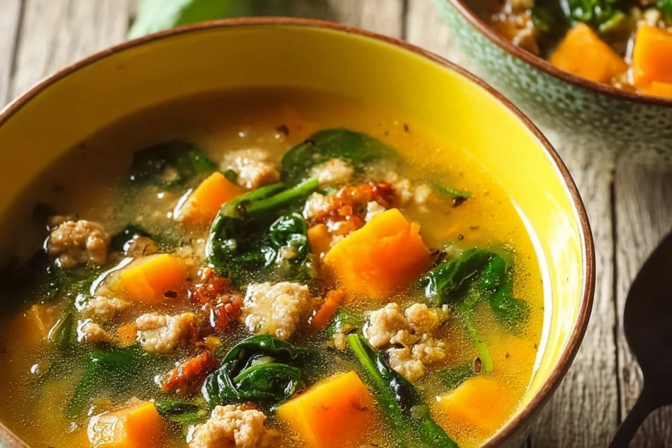 Creamy Sweet Potato and Ground Turkey Soup 5 Bowl of creamy sweet potato and ground turkey soup garnished with herbs