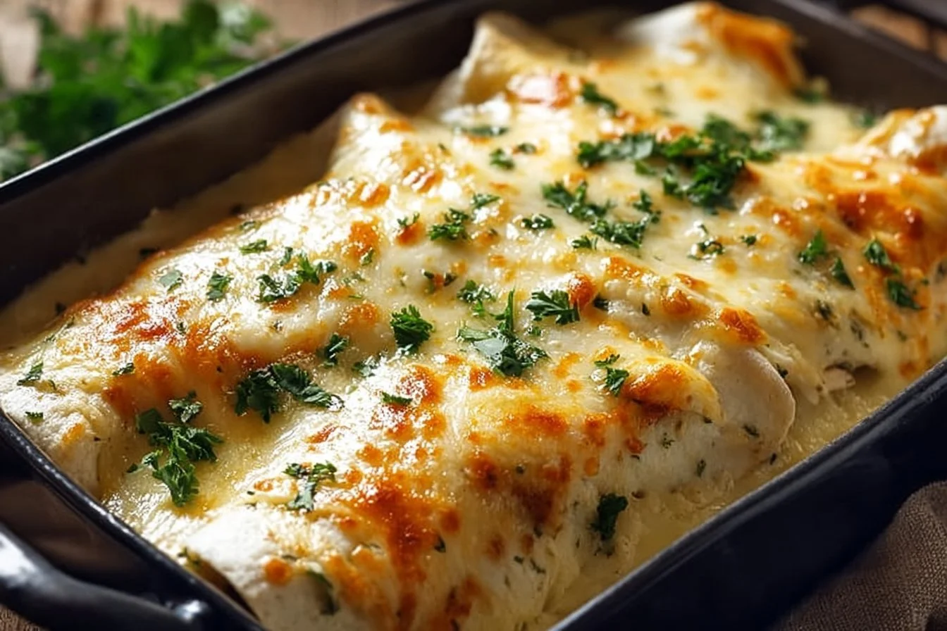 Plate of creamy white chicken enchiladas topped with cilantro and cheese