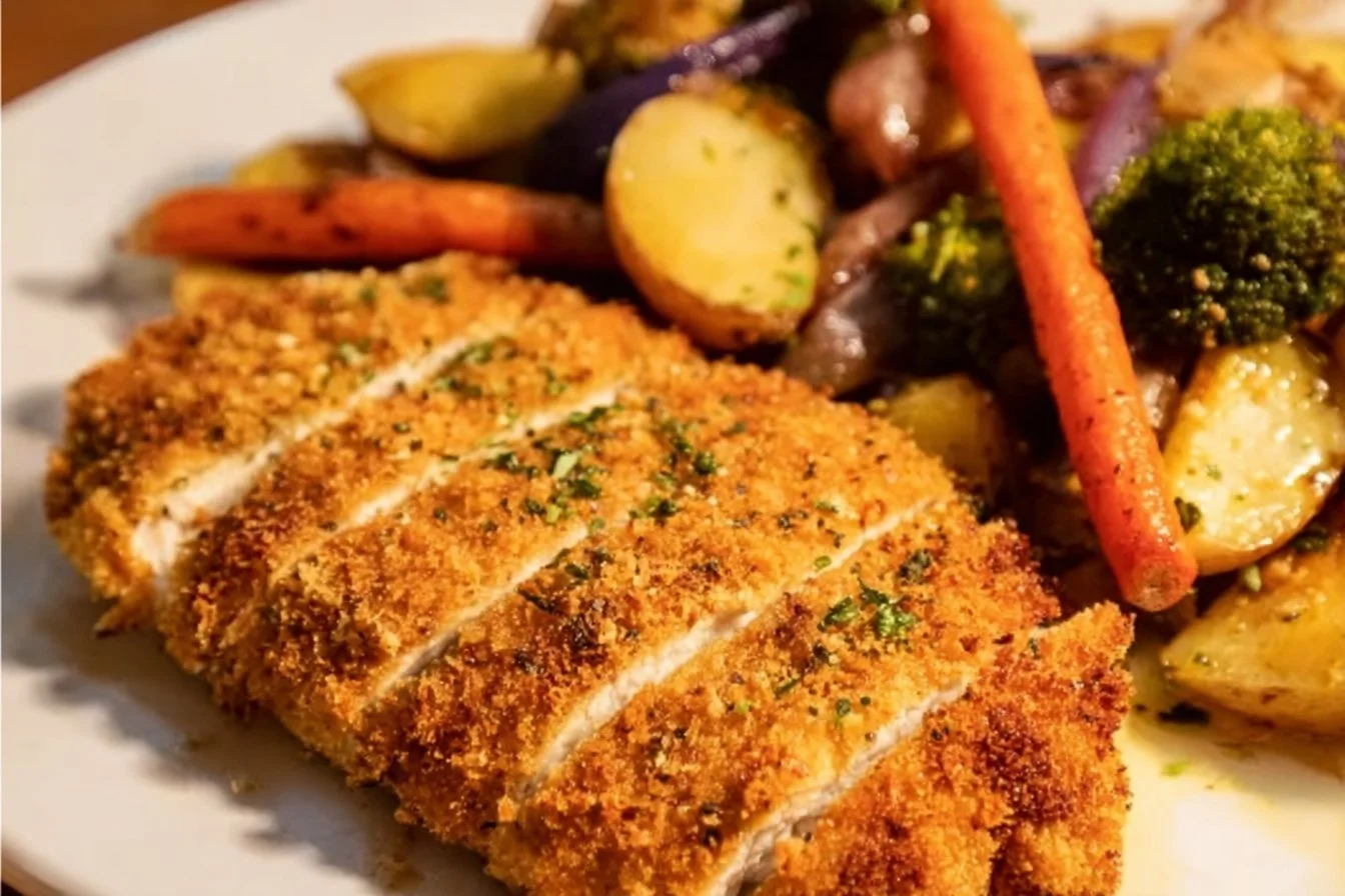 Crispy Air Fryer Chicken Cutlets 4 Crispy air fryer chicken cutlets served with a side of vegetables