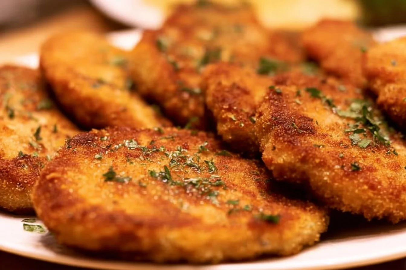 Crispy air fryer chicken cutlets served on a plate with dipping sauce