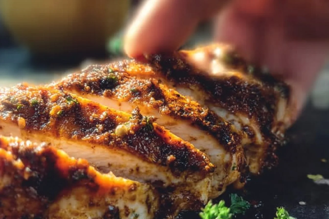 Perfectly crispy chicken thighs served on a plate with herbs and spices