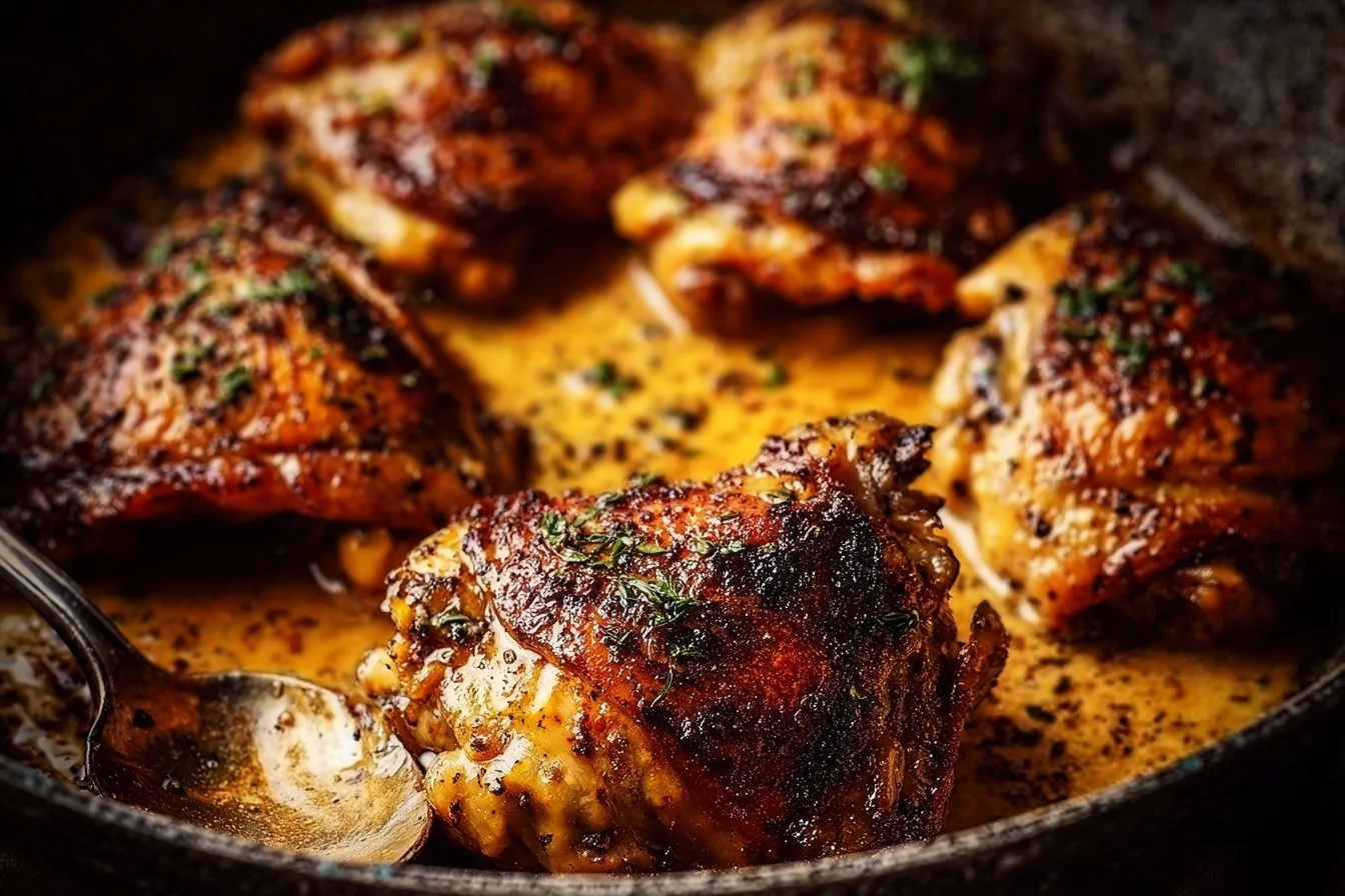 Delicious Crispy Nigella Chicken Thighs served on a plate with herbs.