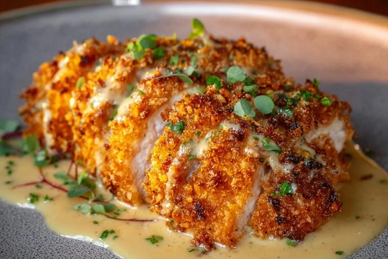 Crispy Parmesan chicken served with creamy garlic sauce on a plate