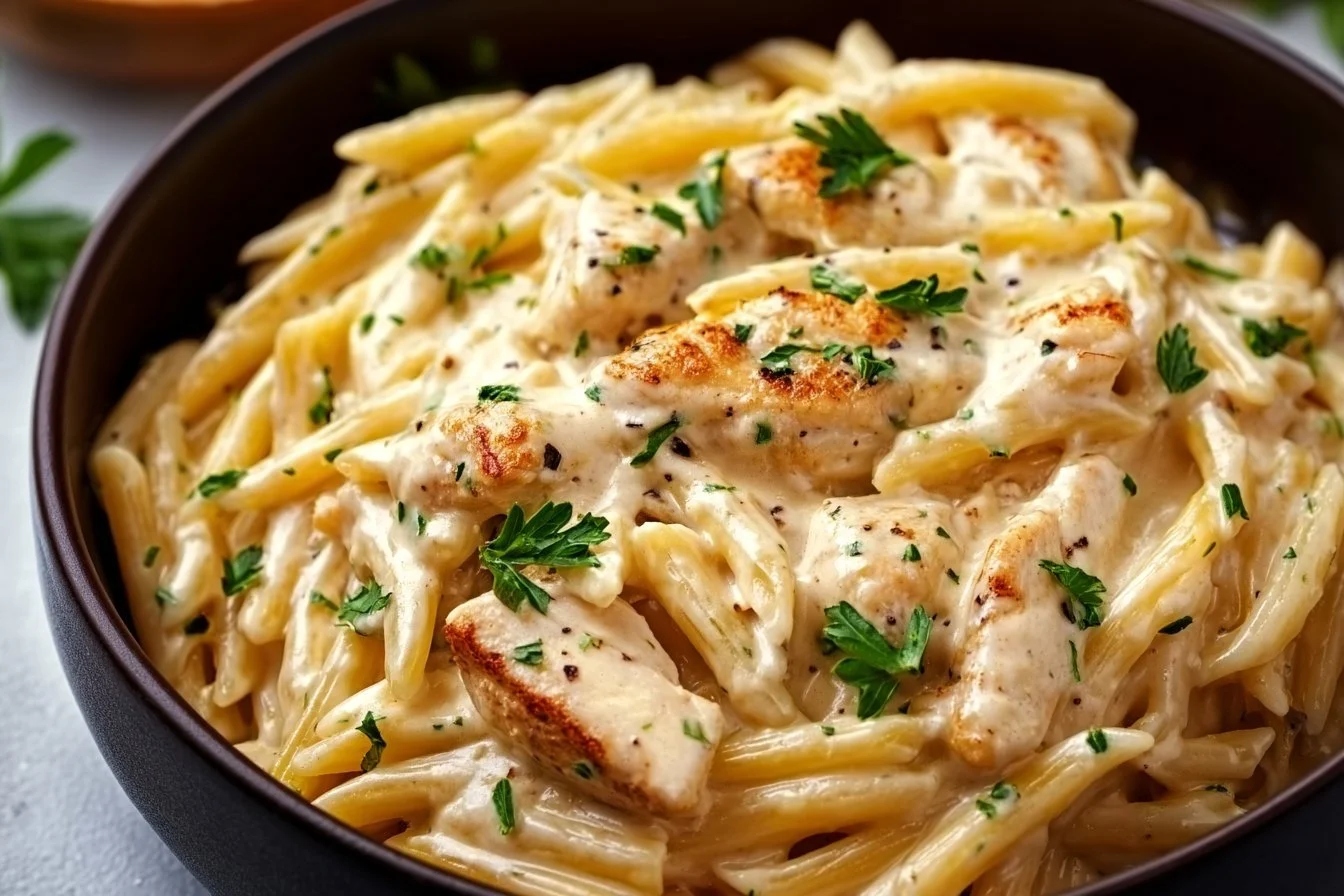 Bowl of Crock Pot Creamy Cajun Chicken Pasta ready to serve.