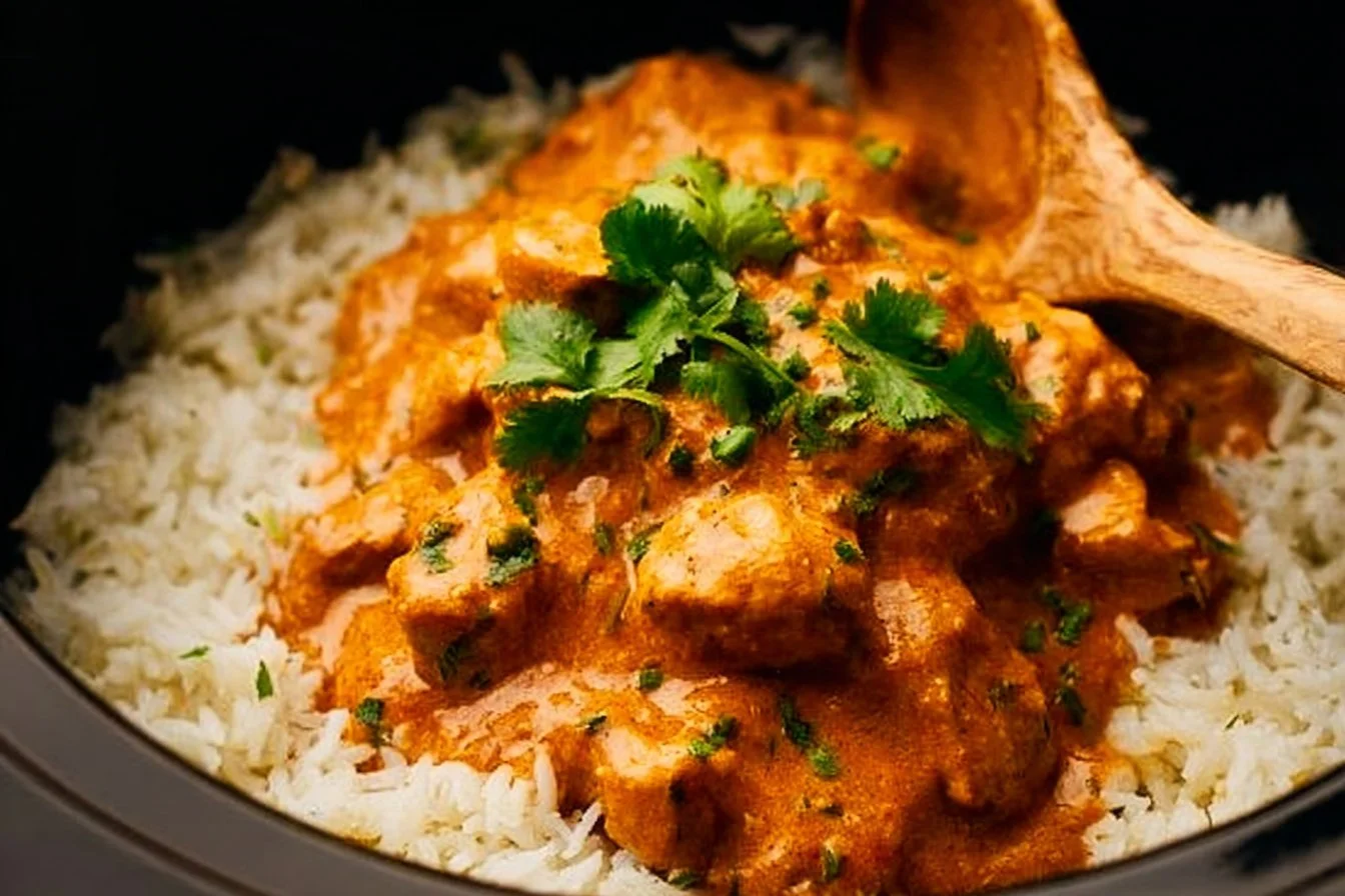 Crockpot Butter Chicken 4 Delicious Crockpot Butter Chicken served with rice and naan bread.