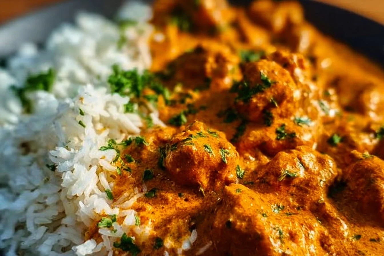 Crockpot Butter Chicken 5 Delicious crockpot butter chicken served with rice.