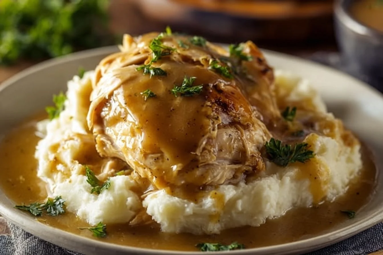 Delicious Crockpot Chicken and Gravy served with mashed potatoes