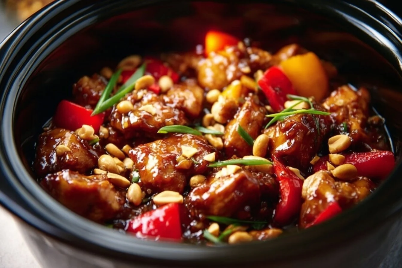 Crockpot Kung Pao Chicken garnished with peanuts and green onions