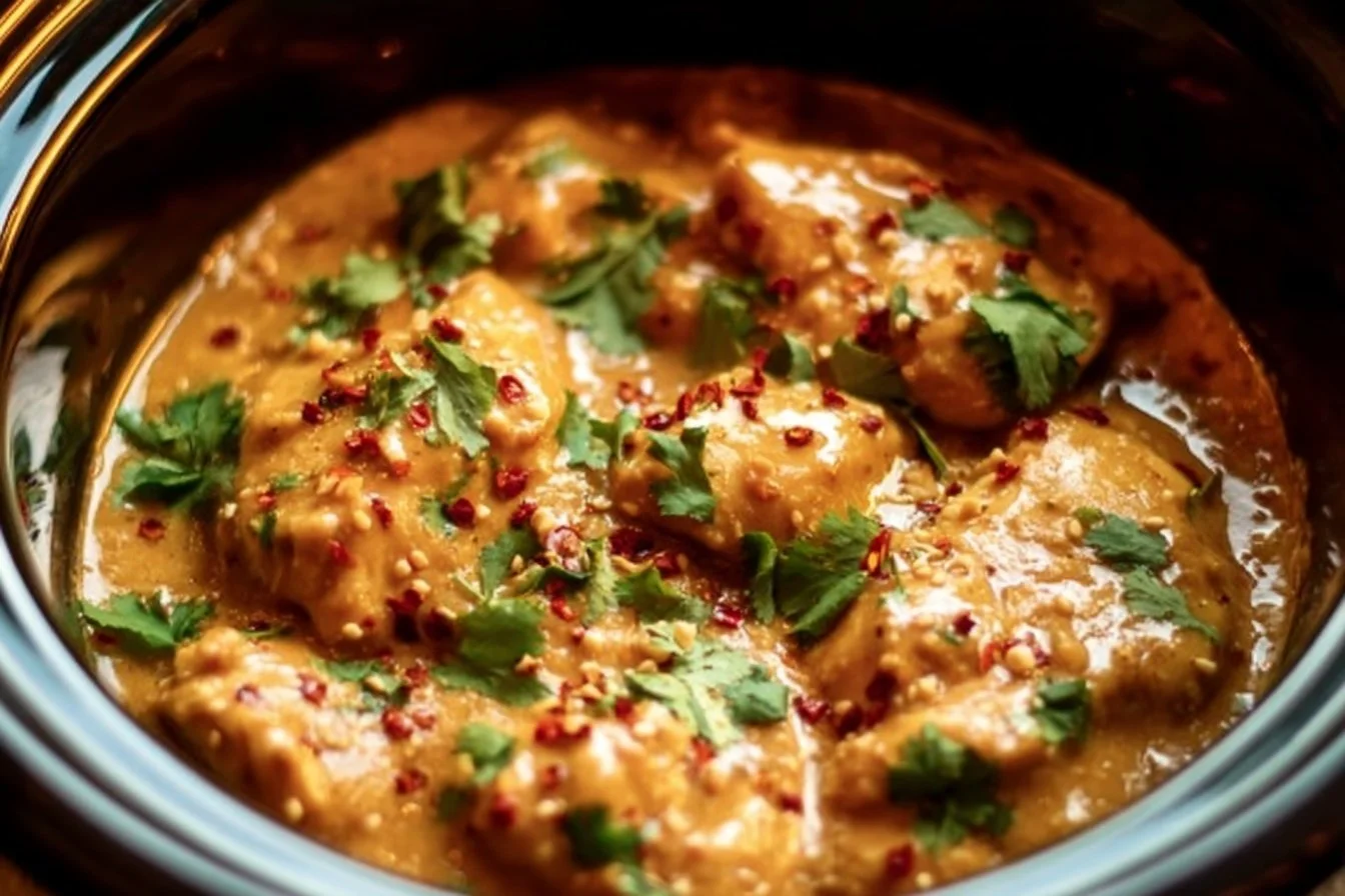 Crockpot Thai Peanut Chicken served with garnishes and rice