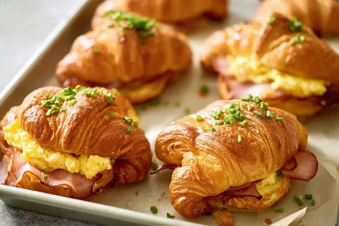 Delicious croissant breakfast sandwich with eggs, cheese, and herbs