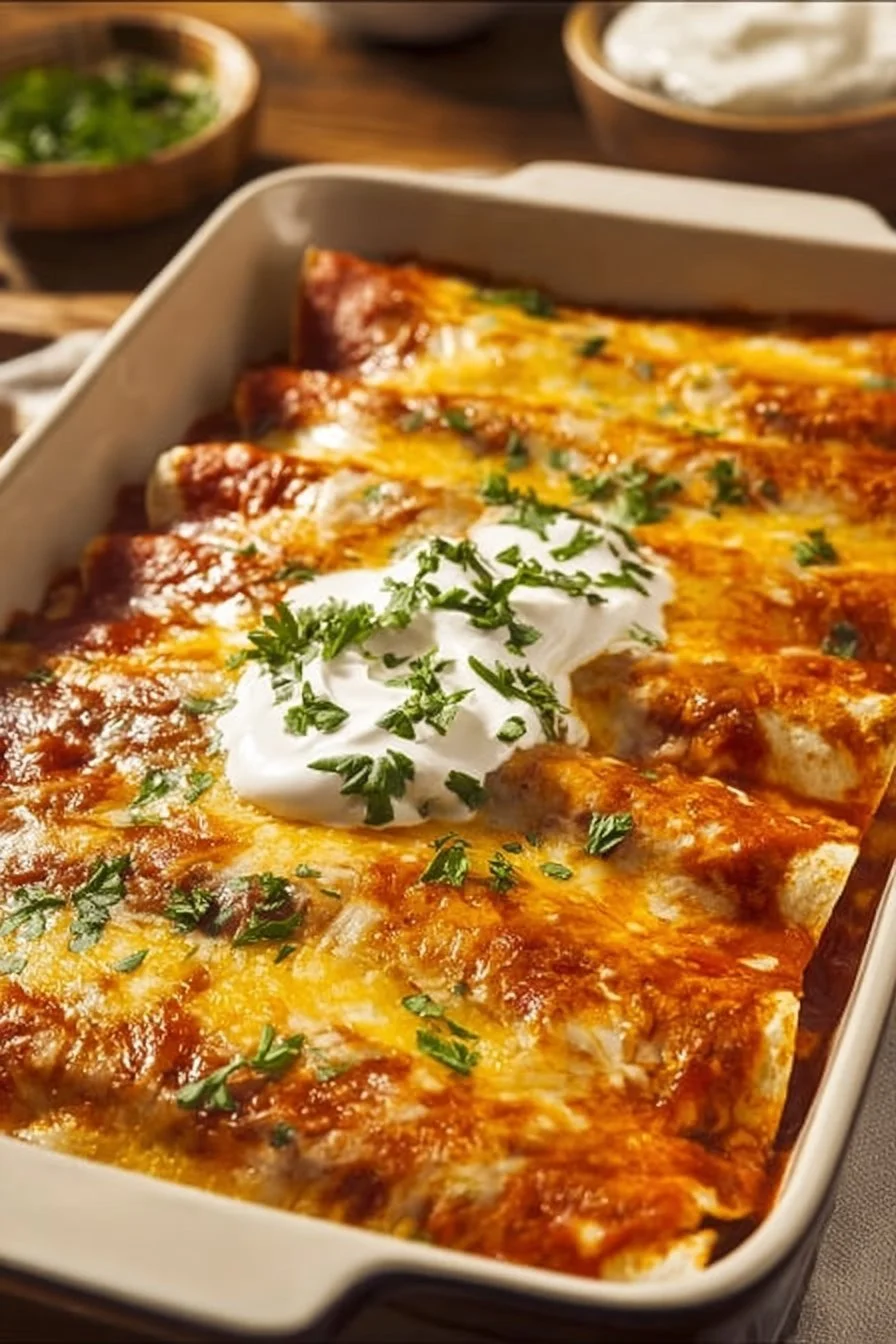 Delicious chicken enchiladas with cheese and sauce, served on a plate.