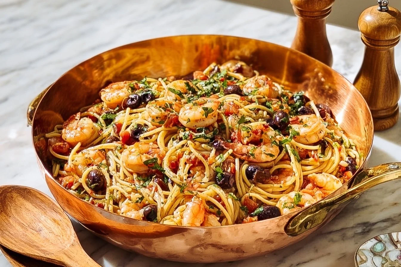 Plate of delicious Pasta Puttanesca with shrimp garnished with parsley