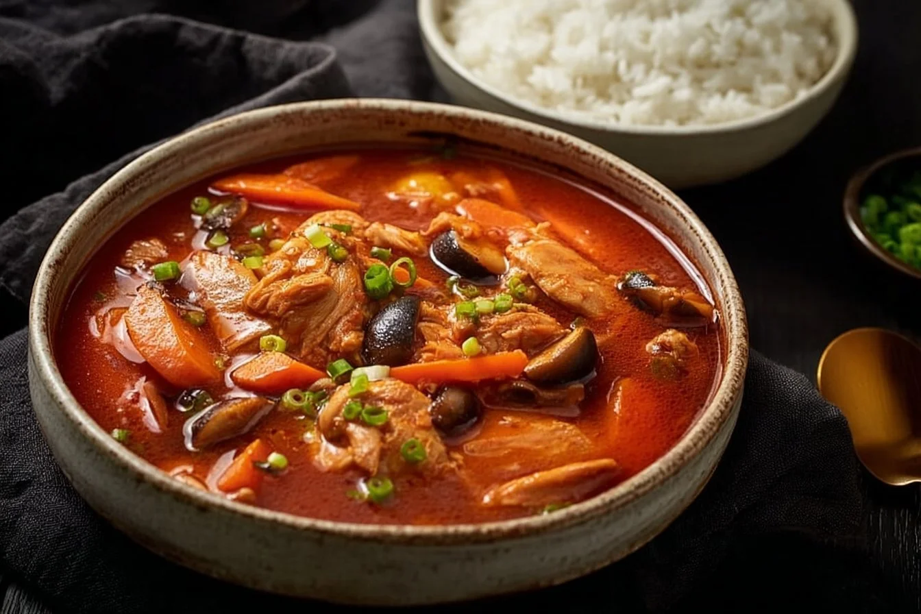 Delicious Slow Cooker Korean Chicken Stew 4 Delicious slow cooker Korean chicken stew in a bowl with vegetables and spices